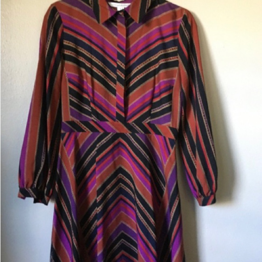 Diane von Furstenberg Dress Size 6 Mod Silk Wool Striped Multicolor Long Sleeve